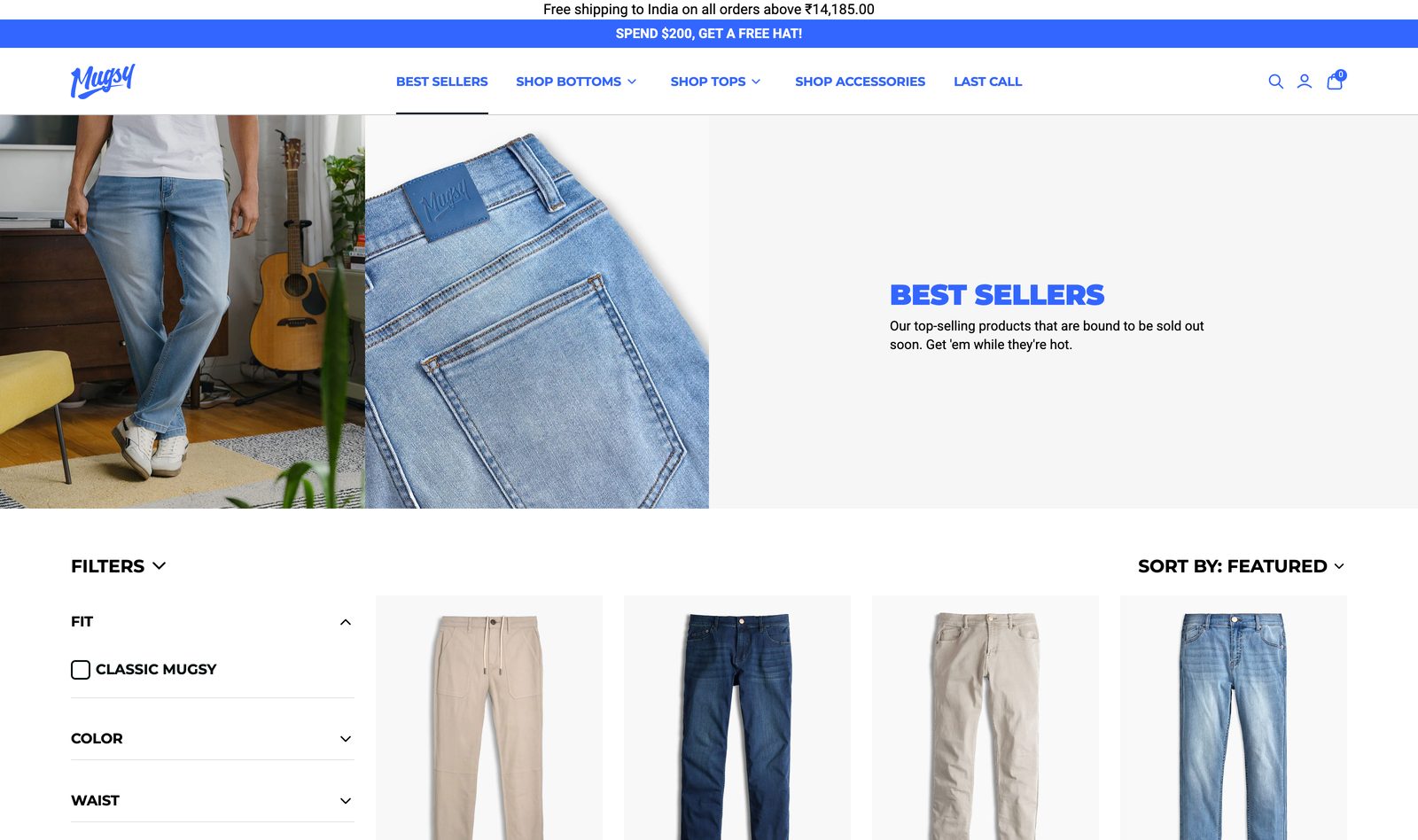 Mugsy Best Sellers collection page with an editorial denim banner above a product grid and fit, color, and waist filters on the left