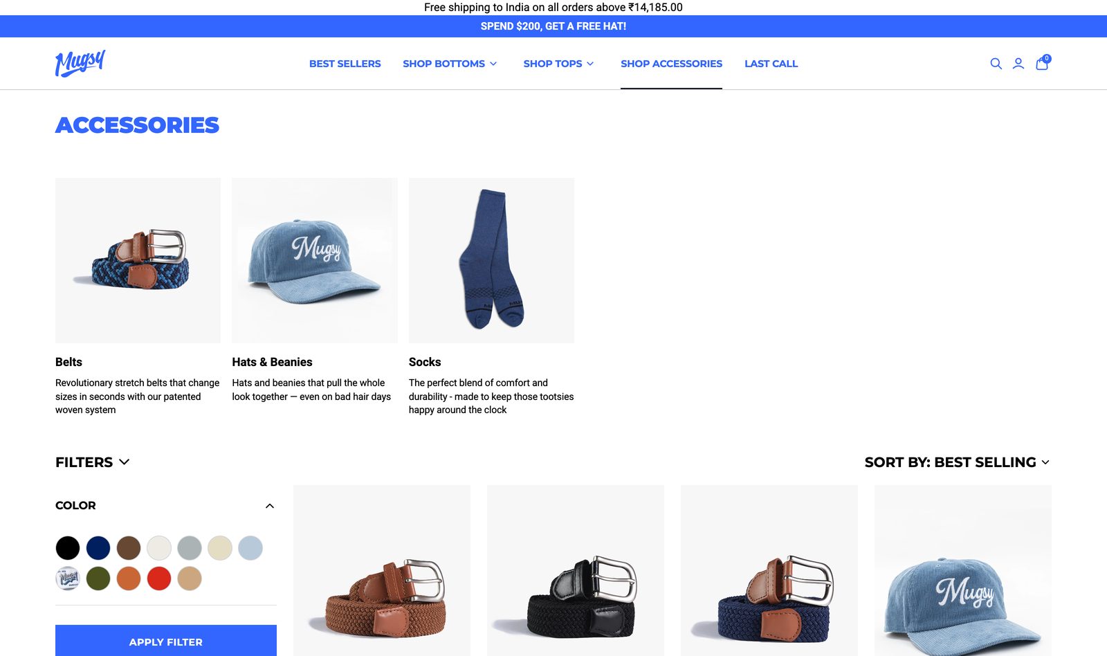 Mugsy Accessories collection page featuring belts, hats and beanies, and socks categories with product cards and a color filter rail