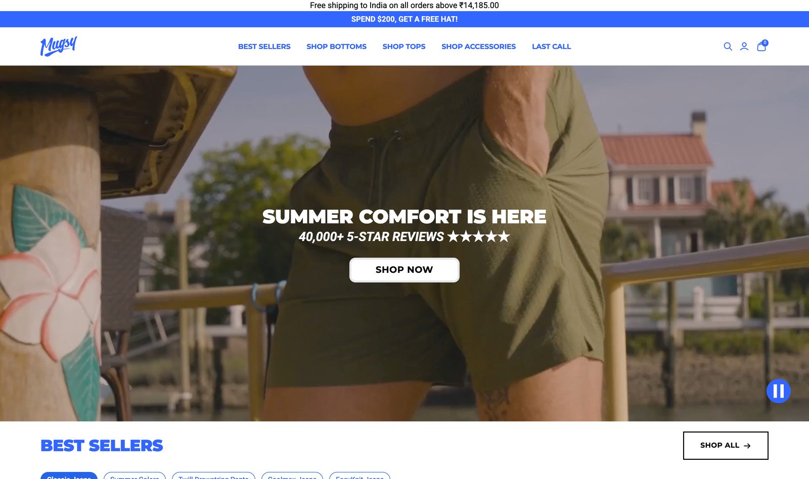 Mugsy homepage hero reading SUMMER COMFORT IS HERE over a video of a man in stretch shorts, with a 40,000-plus five-star review count and a Shop Now button