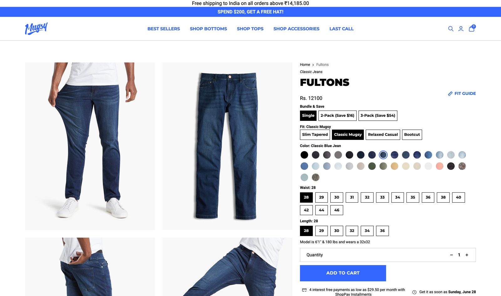 Mugsy Fultons jeans product page showing a color swatch row, fit selectors, full waist and length size grids, and an Add to Cart button