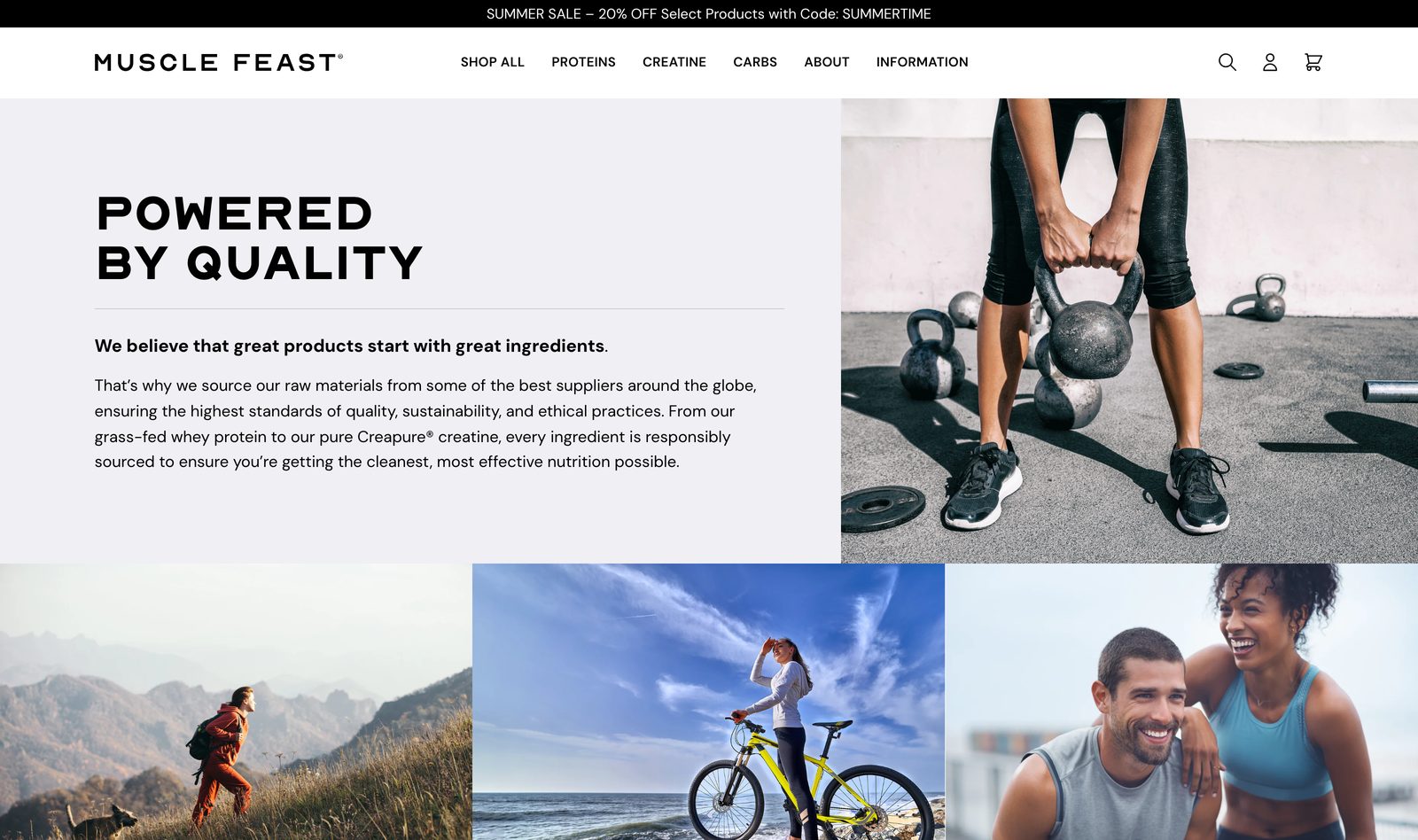 Muscle Feast POWERED BY QUALITY brand section on clean, science-backed sourcing with athletes training