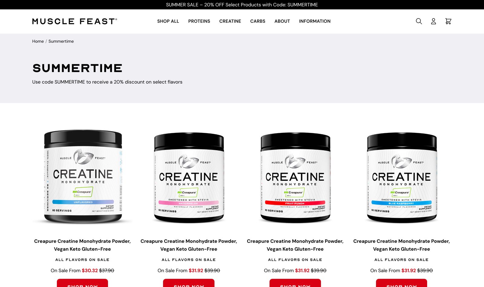 Muscle Feast summertime sale collection of Creatine Monohydrate Powder tubs with vegan, keto, and gluten-free badges and pricing