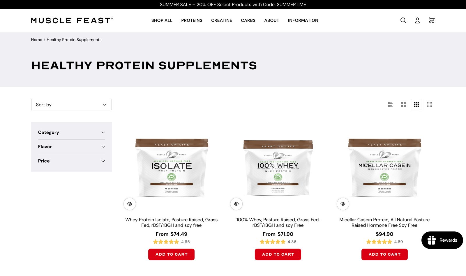 Muscle Feast Healthy Protein Supplements grid showing Isolate, 100% Whey, and Micellar Casein with pricing and Add to Cart buttons