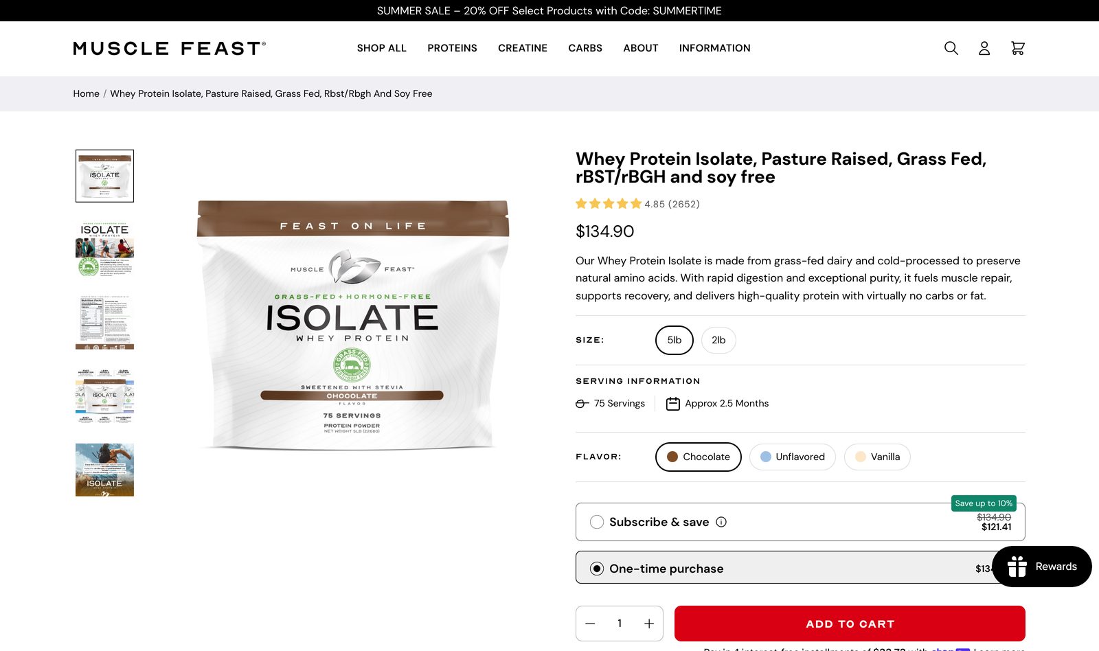 Muscle Feast Whey Protein Isolate product page at $134.90 with grass-fed sourcing, flavor and size options, Subscribe and save, and Add to Cart