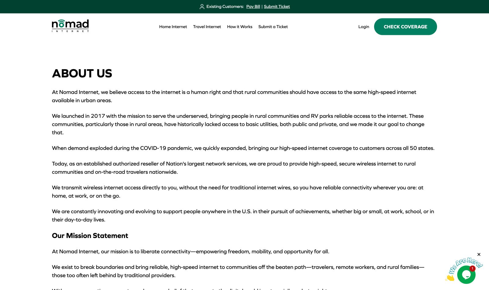 Nomad Internet About Us page describing the mission to bring high-speed internet to underserved rural and RV communities