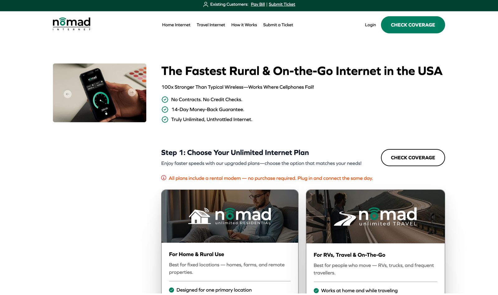 Nomad Internet plan page titled Choose Your Unlimited Internet Plan, comparing Home and Rural against RV and Travel plan cards alongside a phone showing live speeds