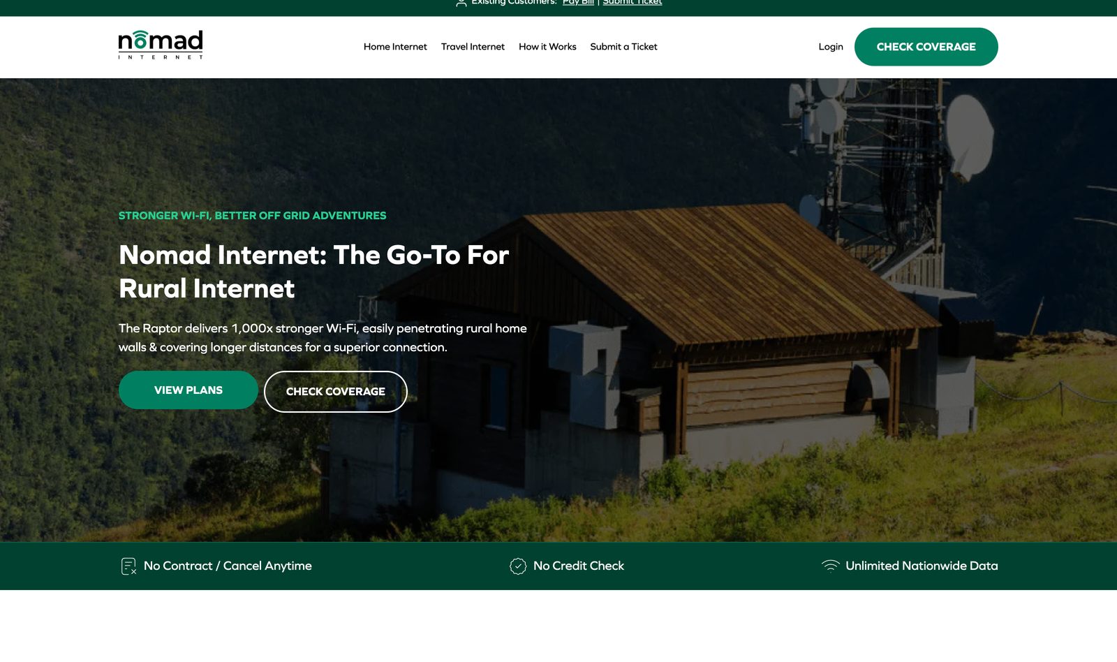 Nomad Internet rural page headlined The Go-To For Rural Internet, featuring the Raptor device delivering rural Wi-Fi with a View Plans button