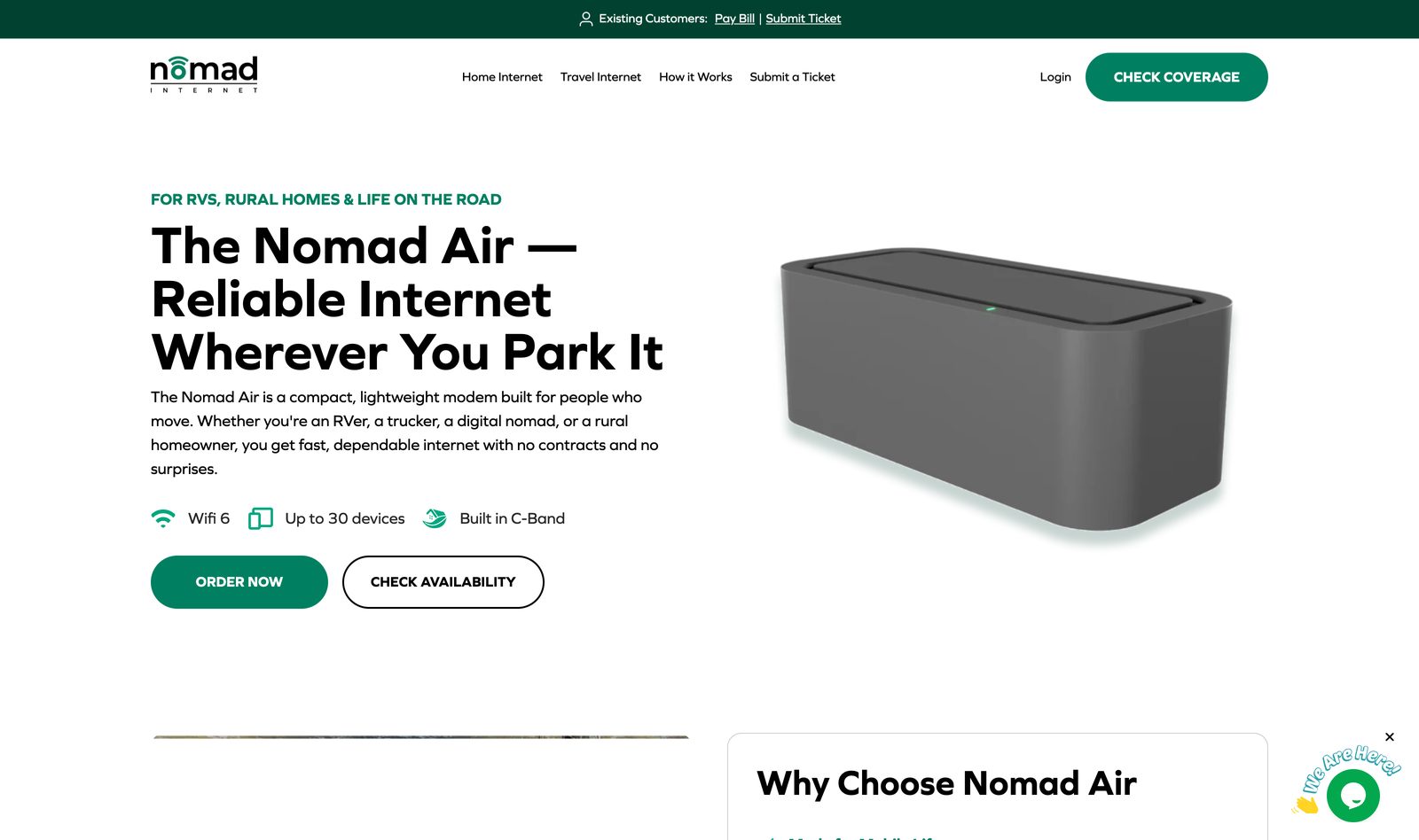 Nomad Air product page describing a lightweight modem for park-anywhere internet with Wifi 6, up to 30 connected devices, and an Order Now button