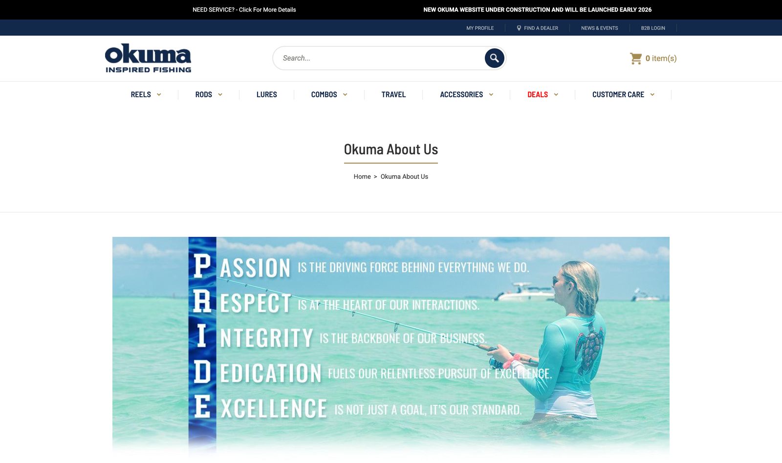 Okuma About Us page with the PRIDE acronym, Passion Respect Integrity Dedication Excellence, alongside an angler