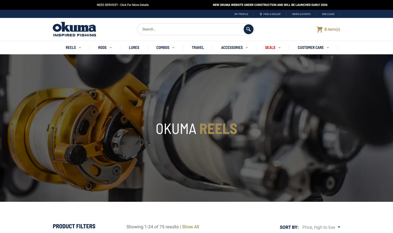Okuma Reels collection page with editorial reel photography and product filters