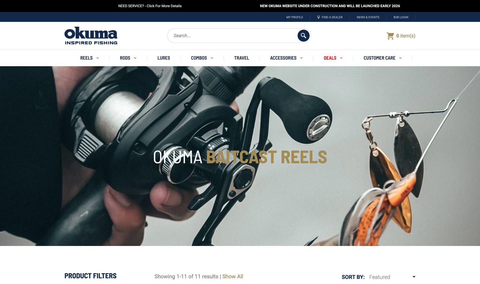 Okuma Baitcast Reels collection page with reels mounted on rods and product filters