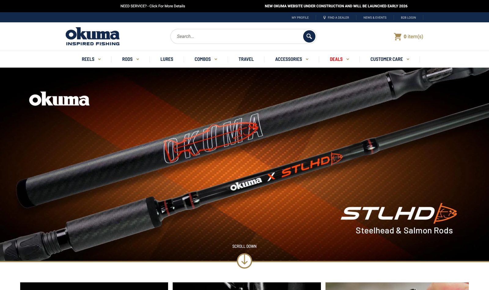 Okuma homepage with the STLHD Steelhead and Salmon Rods hero on black, Okuma Inspired Fishing branding, and category product navigation