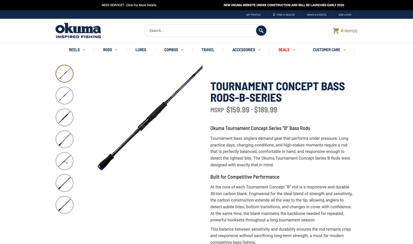 Okuma Tournament Concept Bass Rods B-Series product page with MSRP 159.99 to 189.99 dollars, a 30-ton carbon blank, and competitive performance copy