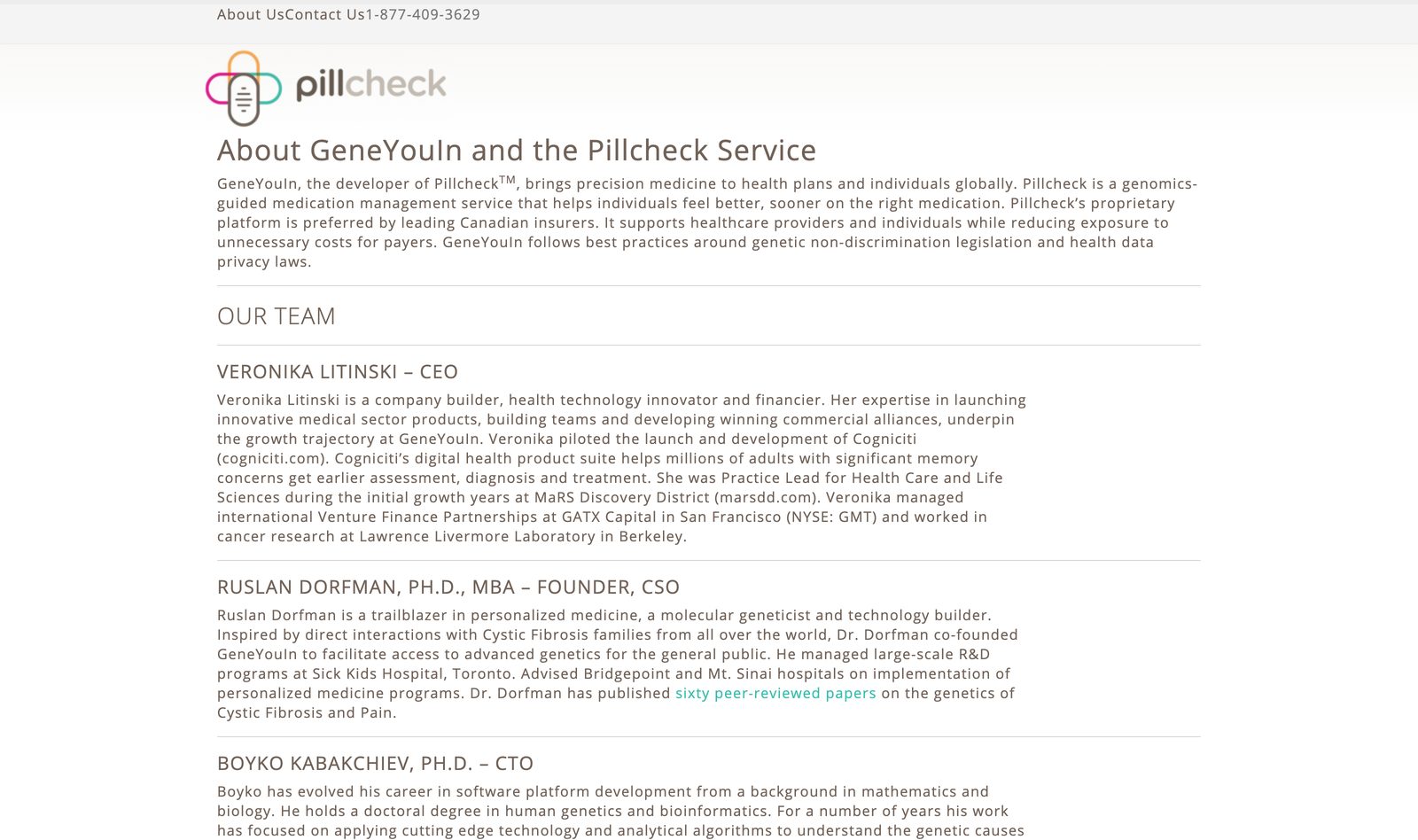 Pillcheck About page explaining the pharmacogenomic service that helps patients feel better sooner, with an Our Team section and leadership profiles
