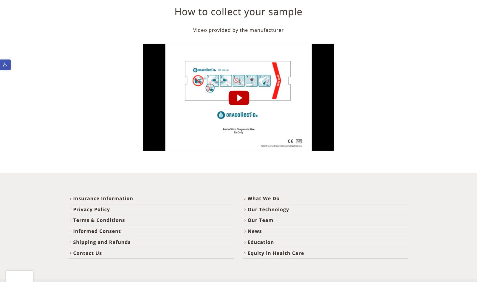 Pillcheck How to collect your sample page showing a manufacturer explainer video for the cheek-swab DNA collection kit above a footer of help and policy links