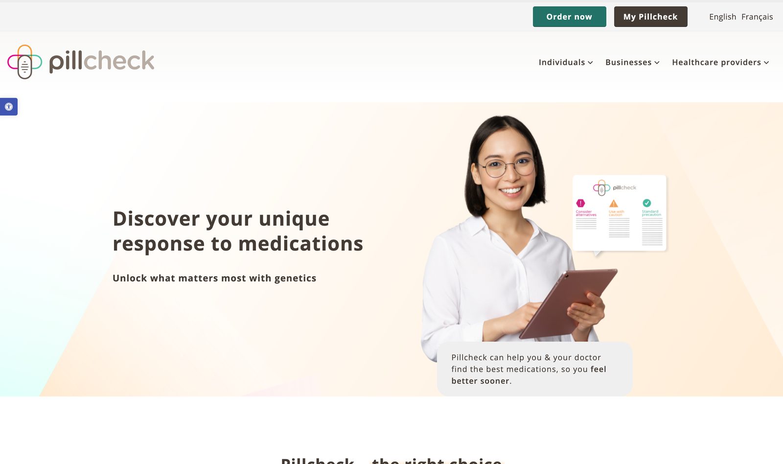 Pillcheck homepage with a teal hero, a clinician holding a tablet, the headline about discovering your response to medications, Order now CTA, and Individuals, Businesses and Healthcare providers navigation