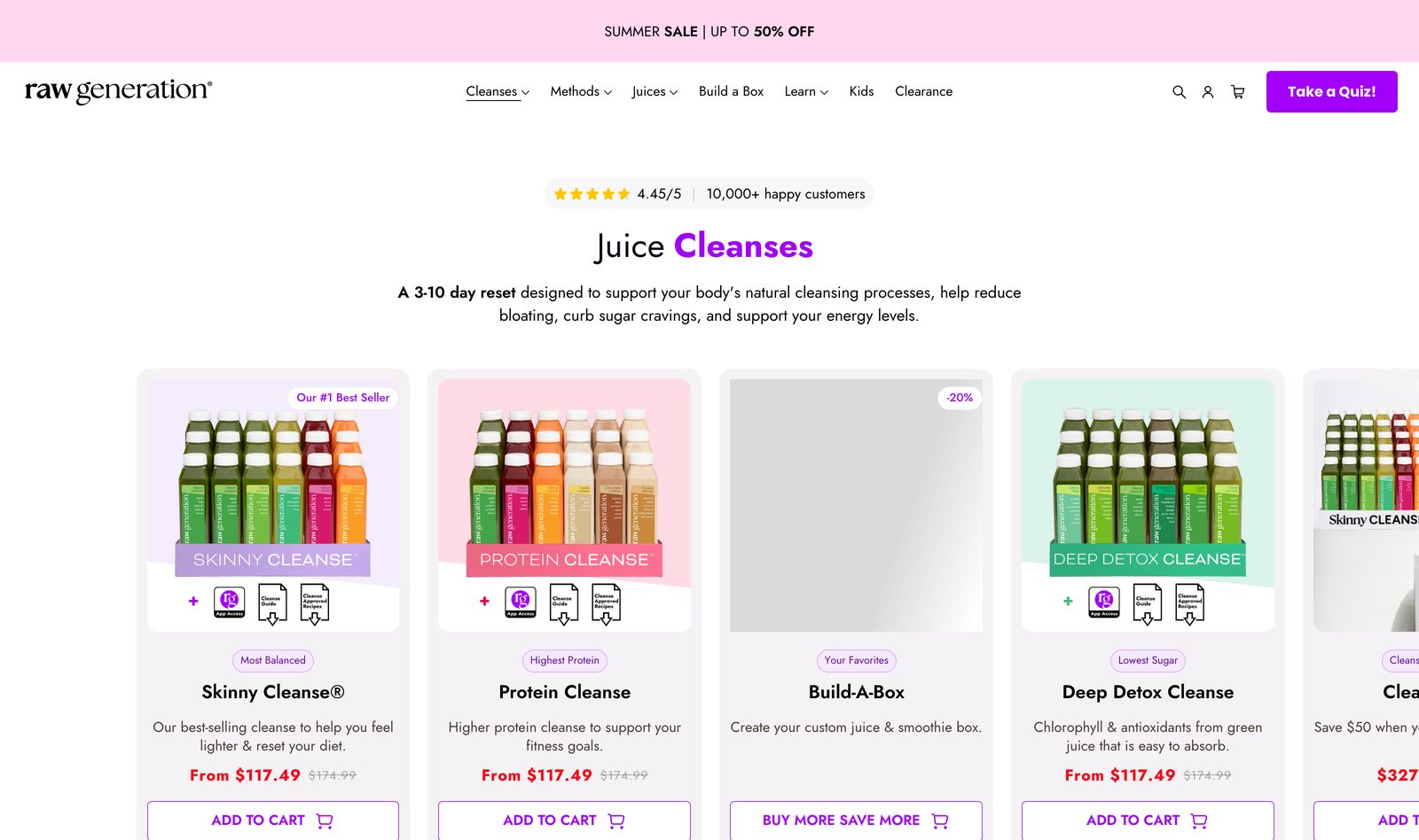 Raw Generation Juice Cleanses collection grid showing Skinny Cleanse, Protein Cleanse, Build-A-Box, and Deep Detox cold-pressed juice packs with ratings and From pricing