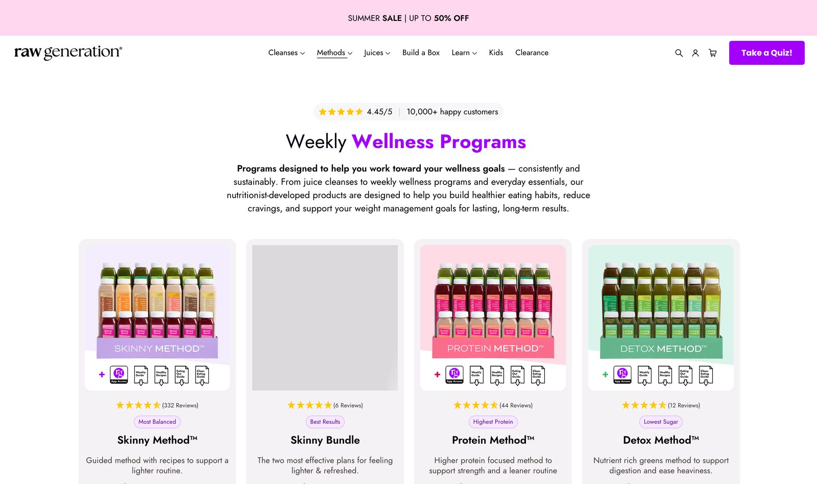Raw Generation Weekly Wellness Programs page presenting the Skinny Method, Protein Method, and Detox Method juice systems with ratings