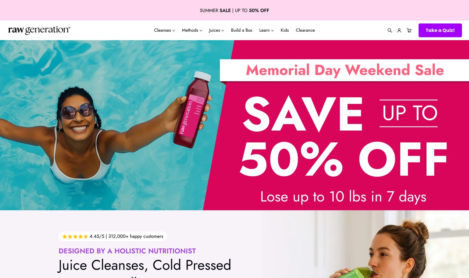 Raw Generation homepage with Memorial Day Weekend Sale hero, Save Up To 50% Off, a woman holding juice by a pool, and a Designed by a Holistic Nutritionist line
