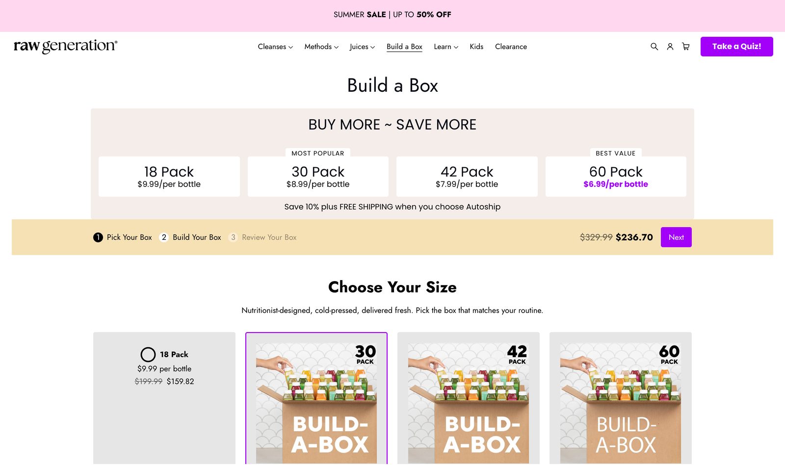 Raw Generation Build a Box page with a Buy More Save More grid of 18, 30, 42, and 60 pack pricing, a Pick, Build, Review wizard, and Choose Your Size options