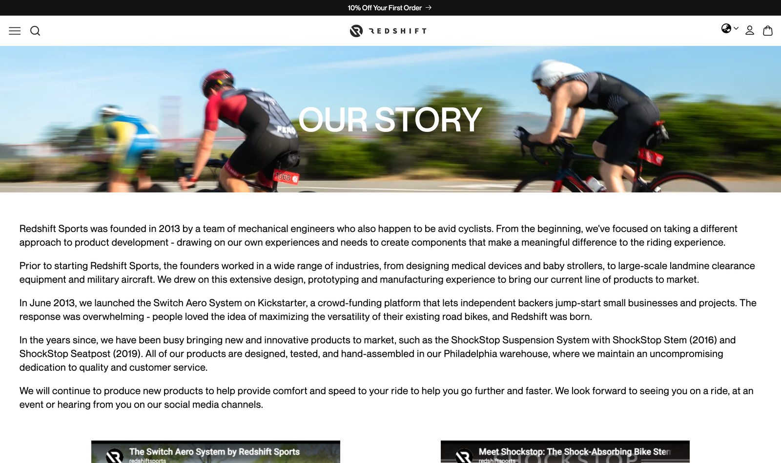 Redshift Sports Our Story page noting the 2013 founding by mechanical engineers and avid cyclists and the ShockStop Kickstarter launch