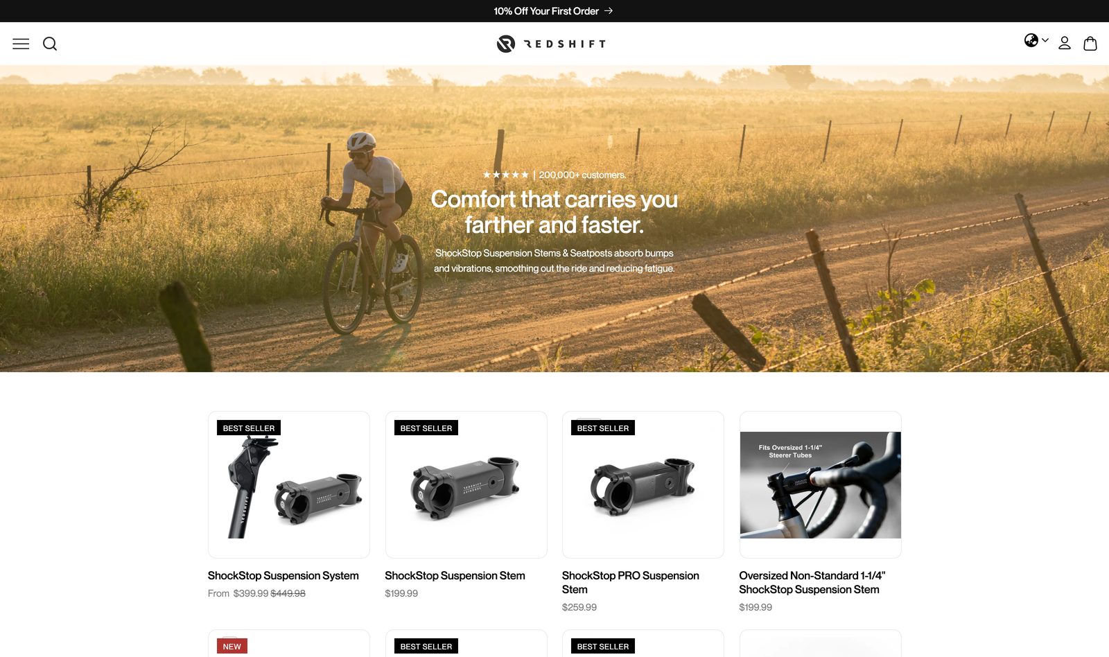 Redshift Sports suspension components collection with Comfort that carries you farther and faster header and ShockStop stems and seatposts with pricing