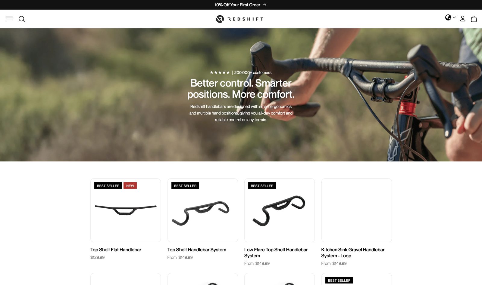 Redshift Sports handlebar systems collection grid with Better control Smarter positions More comfort header and product cards with pricing