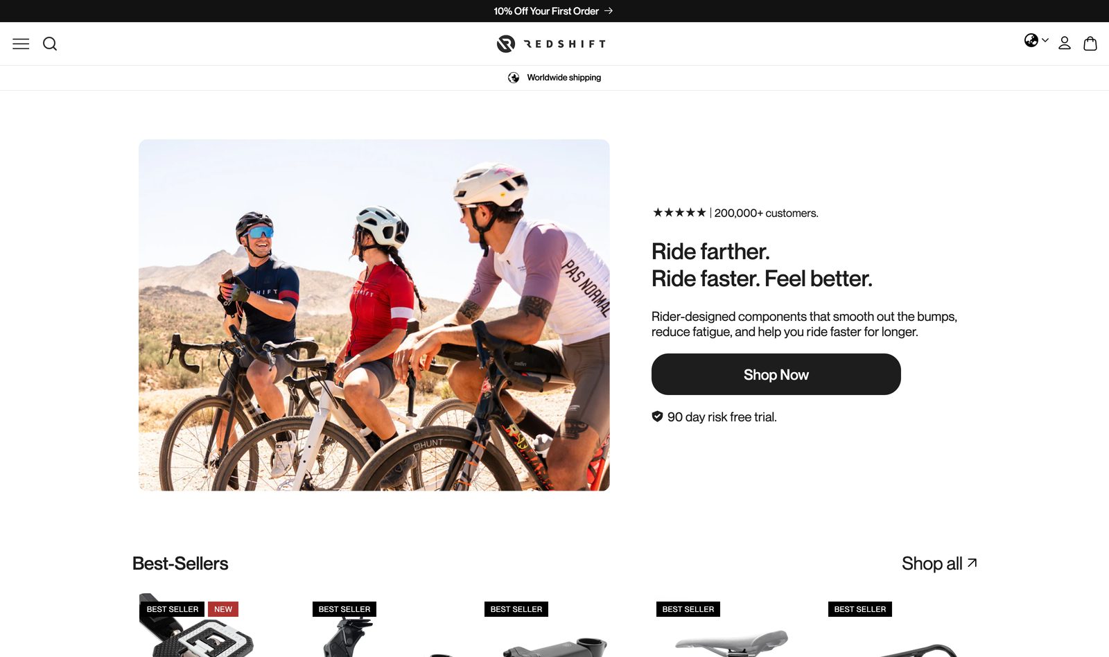 Redshift Sports homepage with road cyclists, Ride farther Ride faster Feel better hero, Shop Now button, 90-day risk-free trial, and Best-Sellers rail