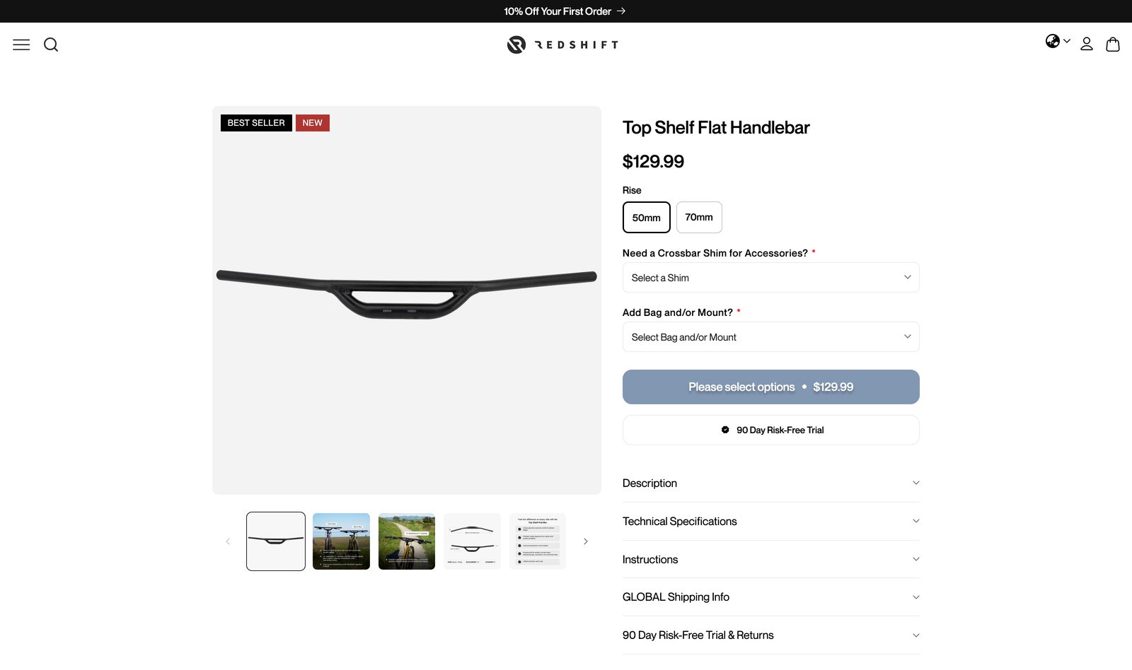 Redshift Sports Top Shelf Flat Handlebar product page at 129.99 dollars with rise options, crossbar shim and mount selectors, technical specifications, and 90-day risk-free trial