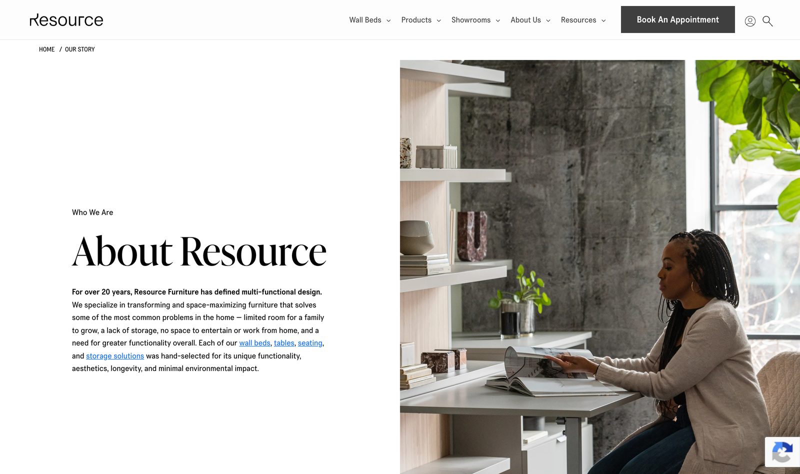 About Resource page telling the brand story of 25 years of space-maximizing, Italian-designed multifunctional furniture