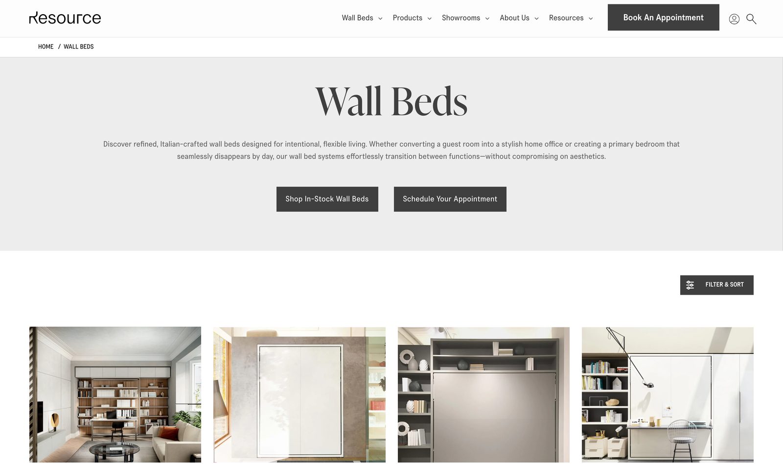 Wall Beds collection page showing Italian-crafted Murphy beds and wall-bed systems in styled rooms with a Shop In-Stock Wall Beds button