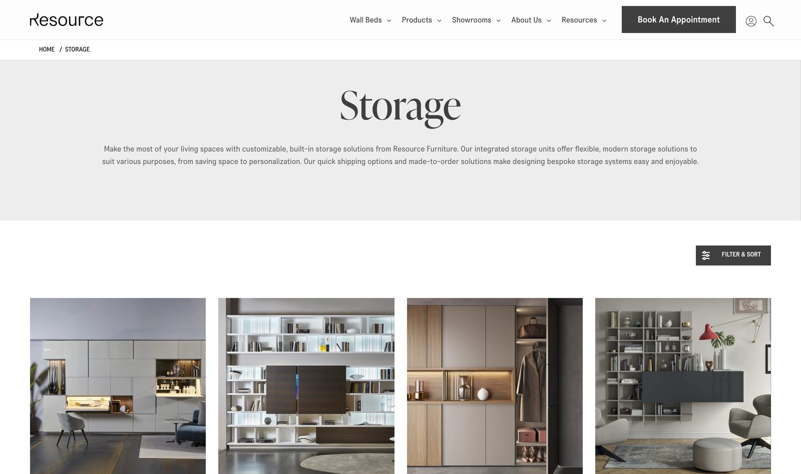 Storage collection page showing modular shelving, cabinets, and media units staged in styled interiors