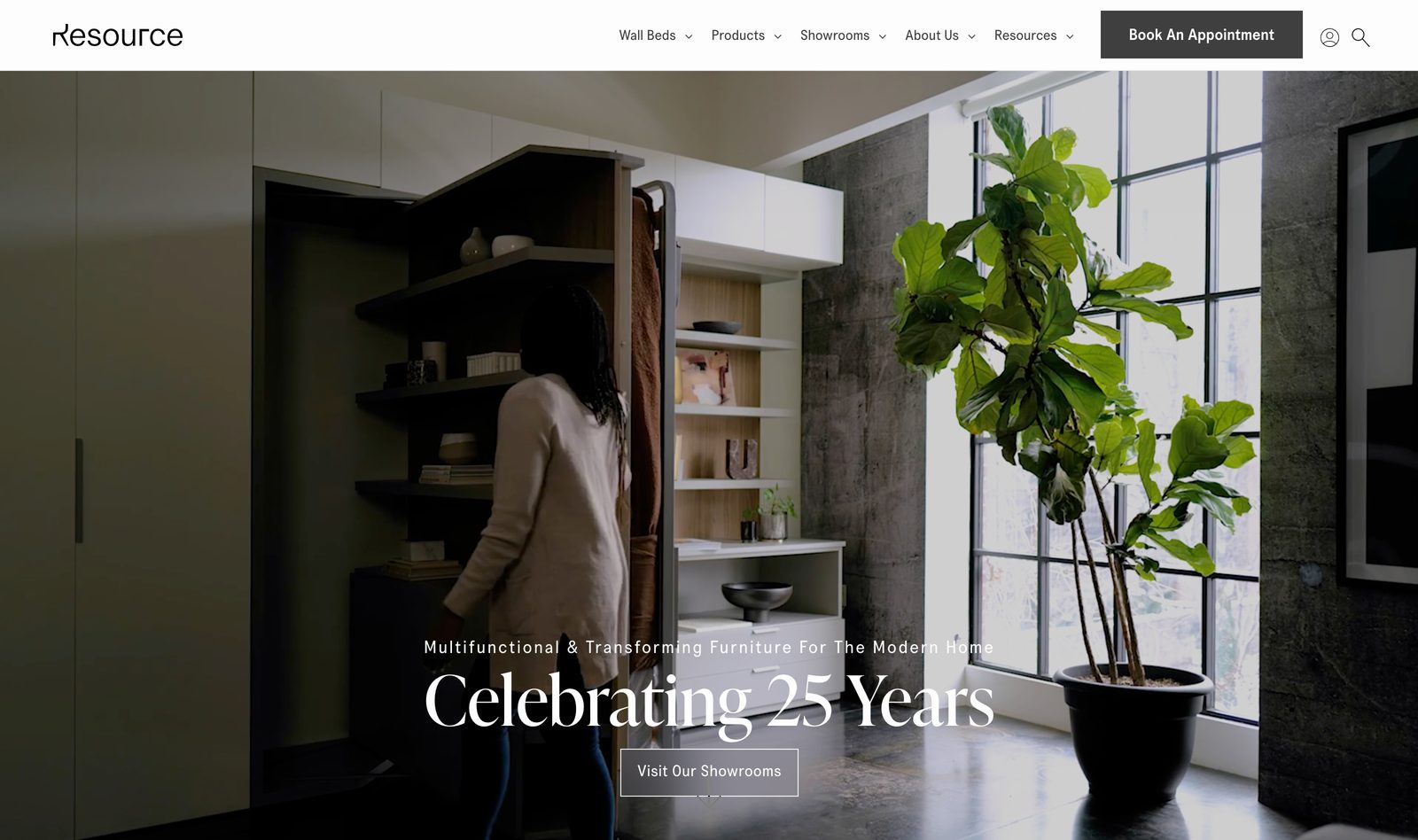 Resource Furniture homepage hero with a transforming wall-bed room, a Celebrating 25 Years headline, and a Visit Our Showrooms button