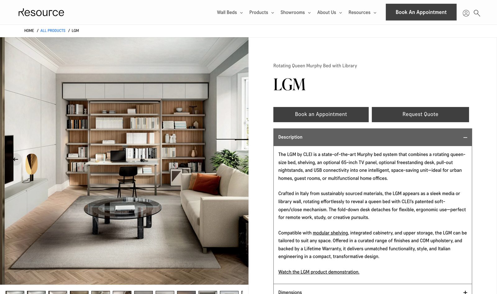 LGM product page showing a rotating queen Murphy bed with library and desk, a full description, and Book an Appointment and Request Quote buttons