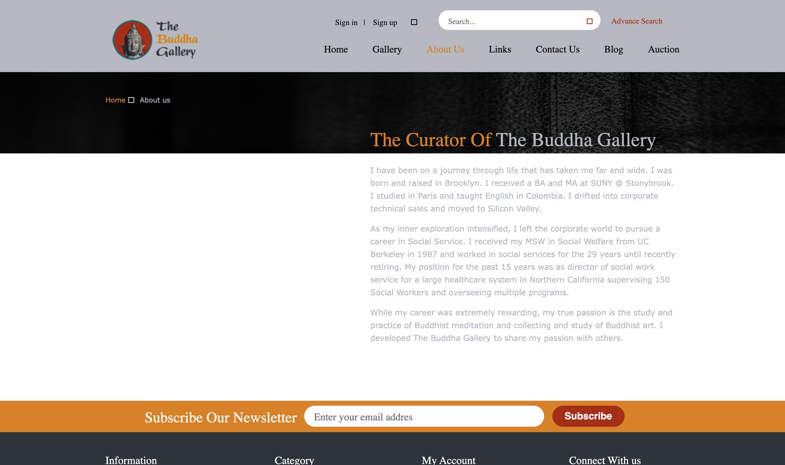 The Curator of The Buddha Gallery About page telling the story of decades of expertise sourcing Asian sacred art