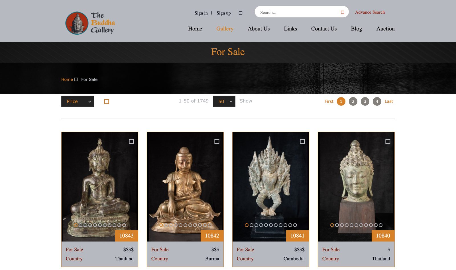 For Sale gallery grid of bronze and brass Buddha statues tagged by country, Thailand, Burma, and Cambodia, with item IDs and price tiers
