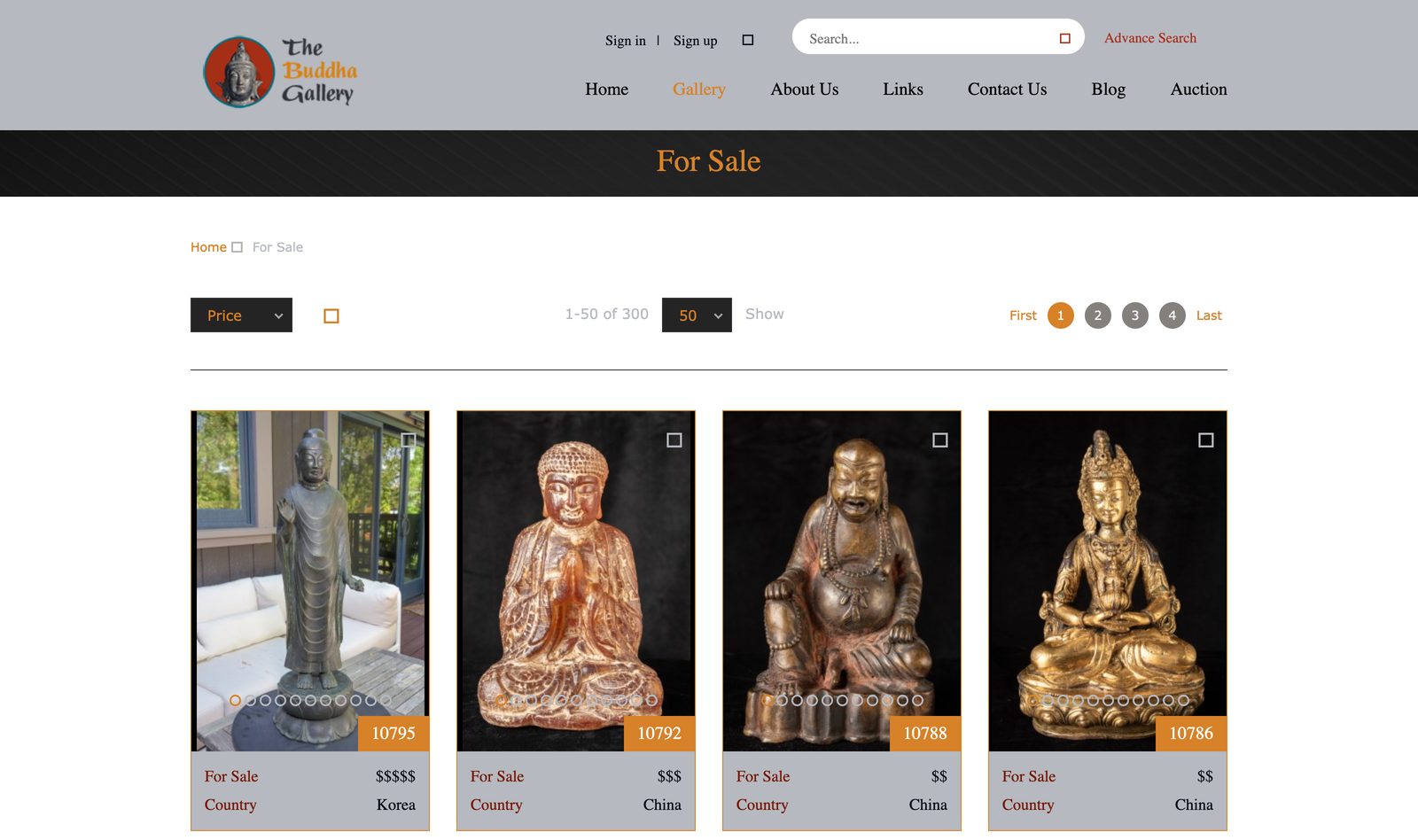 For Sale gallery filtered to China, Japan, and Korea showing a grid of statues in carved wood and gilt bronze