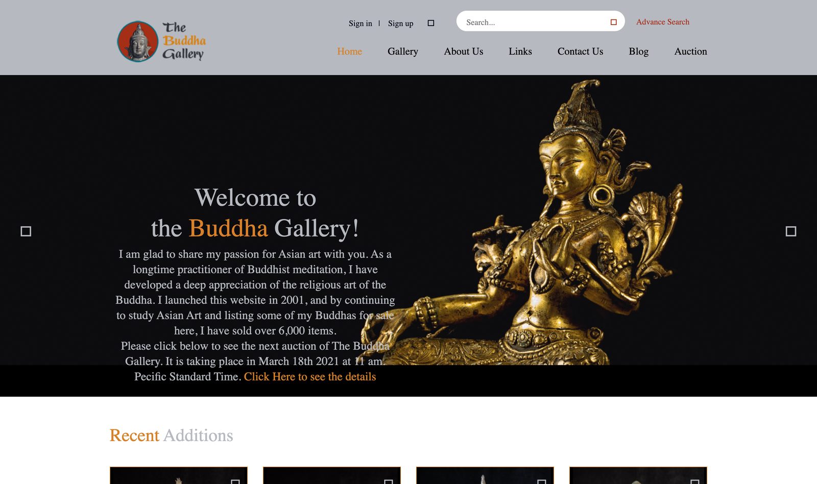 Dark themed Welcome to the Buddha Gallery home hero with a large golden seated deity statue and a curator note about a passion for Asian art