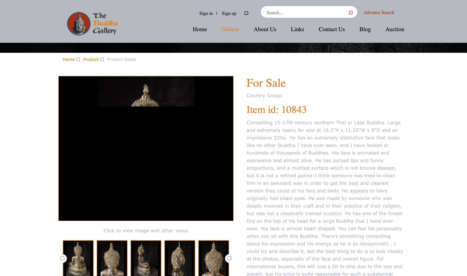Item 10843 product detail for a Lanna northern Thai bronze Buddha statue on black, with dimensions and a provenance description