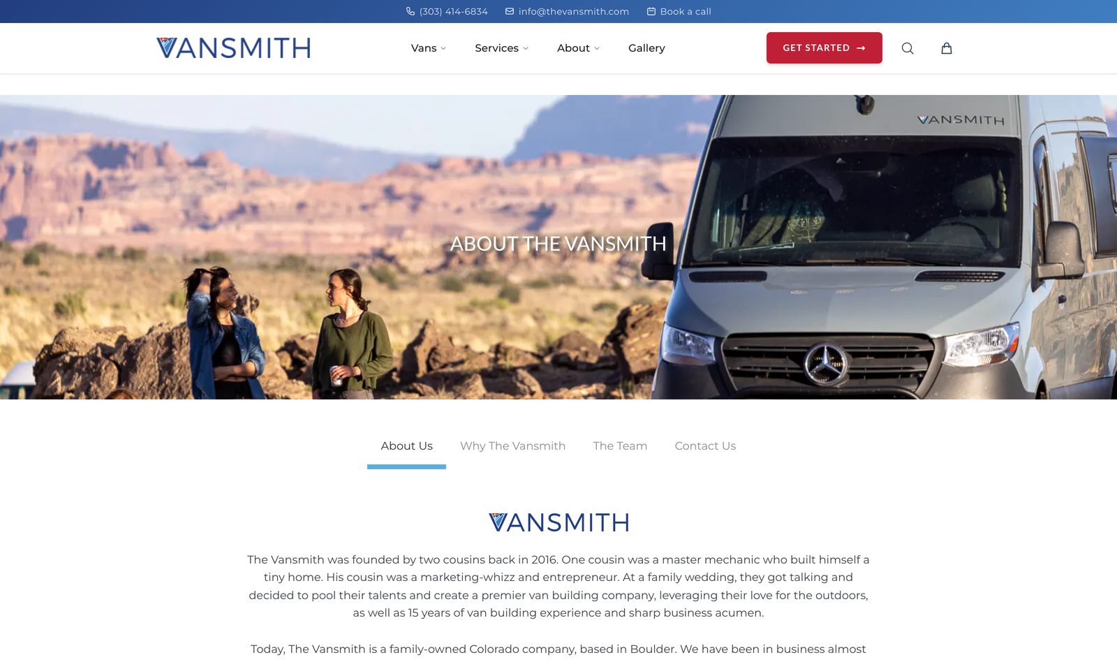 The Vansmith About page describing a family-owned Colorado camper van builder founded by two cousins in 2016