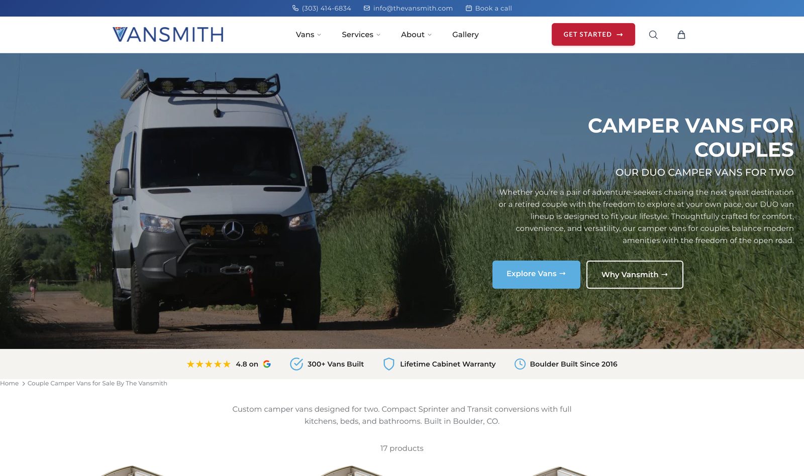 The Vansmith Camper Vans for Couples collection page showing a duo van parked in a field with Explore Vans and Why Vansmith calls to action