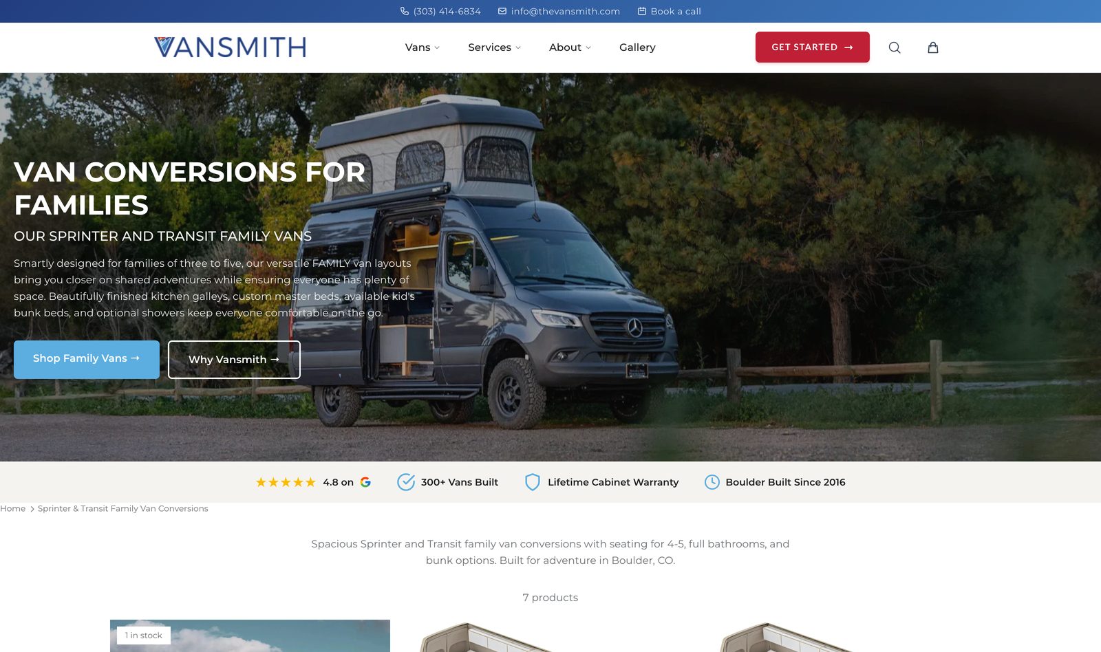 The Vansmith Van Conversions for Families collection showing a Sprinter family van with a pop top, AWD or 2WD options, and a Shop Family Vans button
