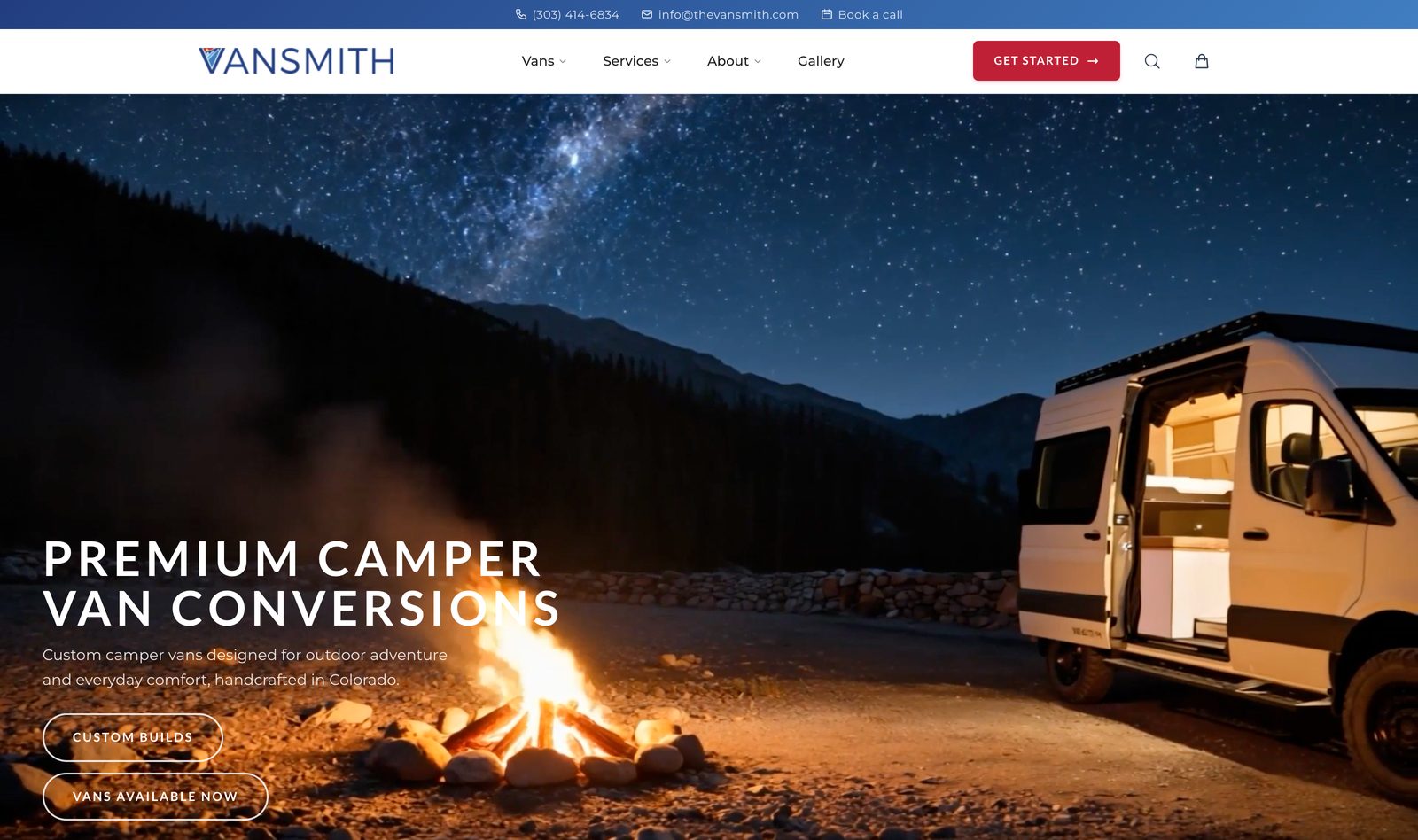 The Vansmith homepage with a converted Sprinter van at a campfire under a starry sky, premium camper van conversions headline, and a 300+ vans built, Boulder built since 2016 trust strip