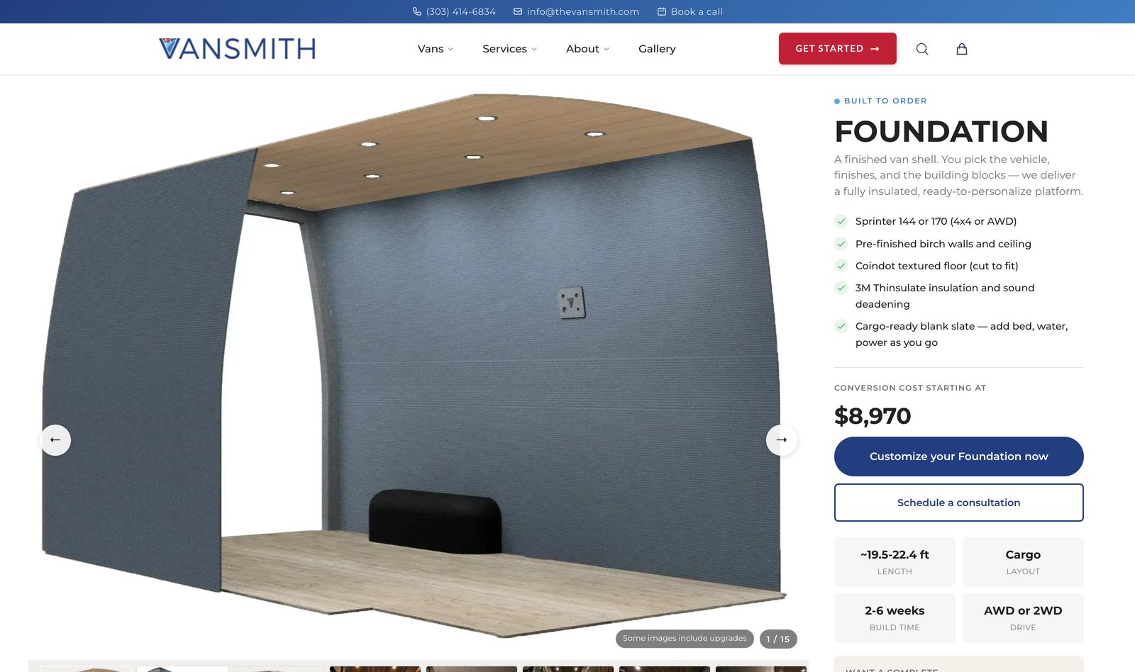 The Vansmith Foundation van build page at 8,970 dollars with finished birch walls and ceiling, dimensions and weights, and a Customize your Foundation button