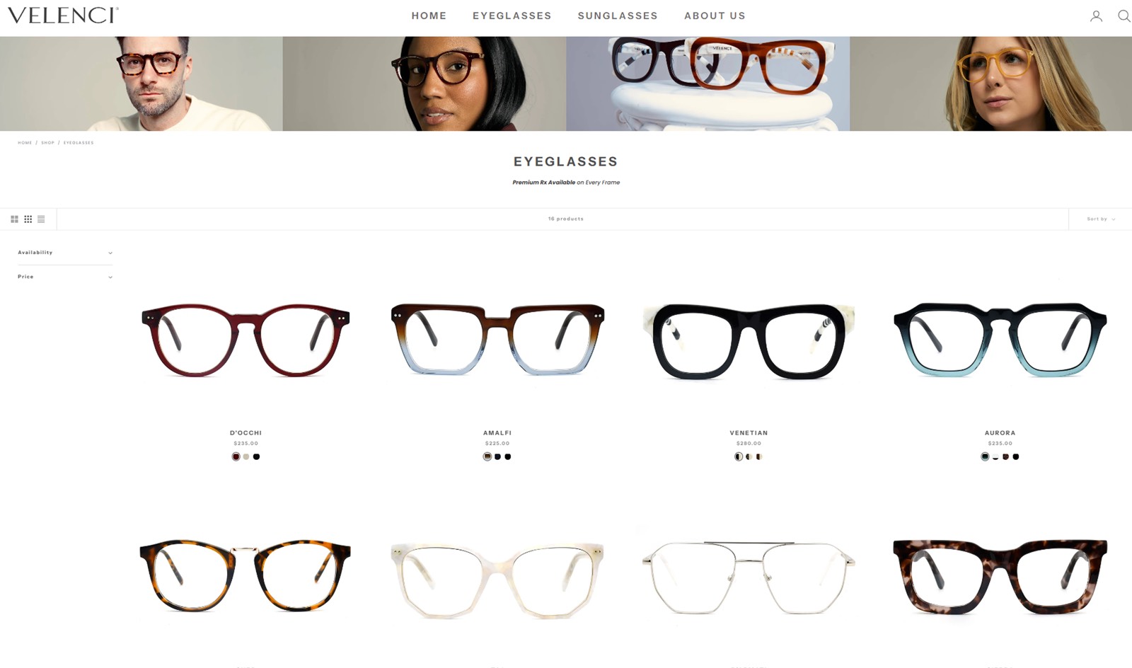 Velenci eyeglasses catalog with an editorial header and a grid of frames