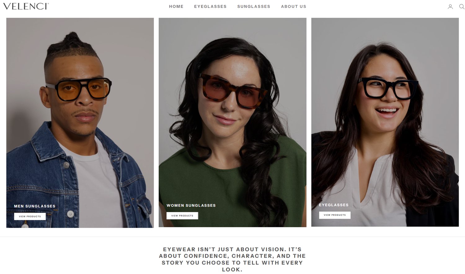 Velenci categories page: men sunglasses, women sunglasses, and eyeglasses with editorial portraits