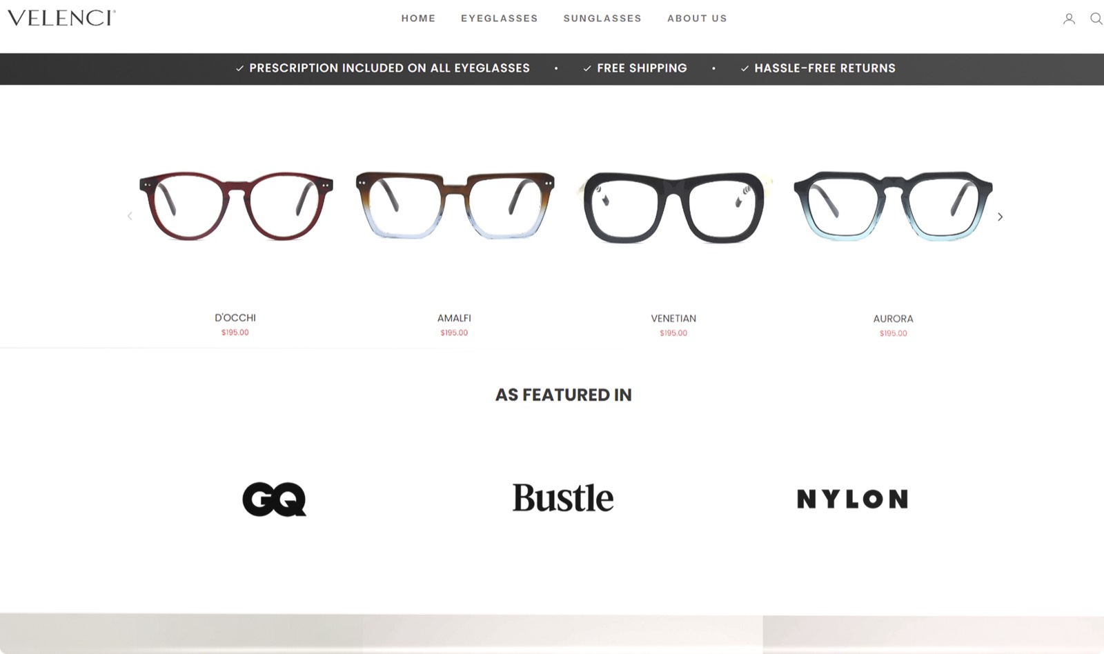 Velenci homepage with featured eyeglasses, prescription included messaging, and press placements (GQ, Bustle, NYLON)