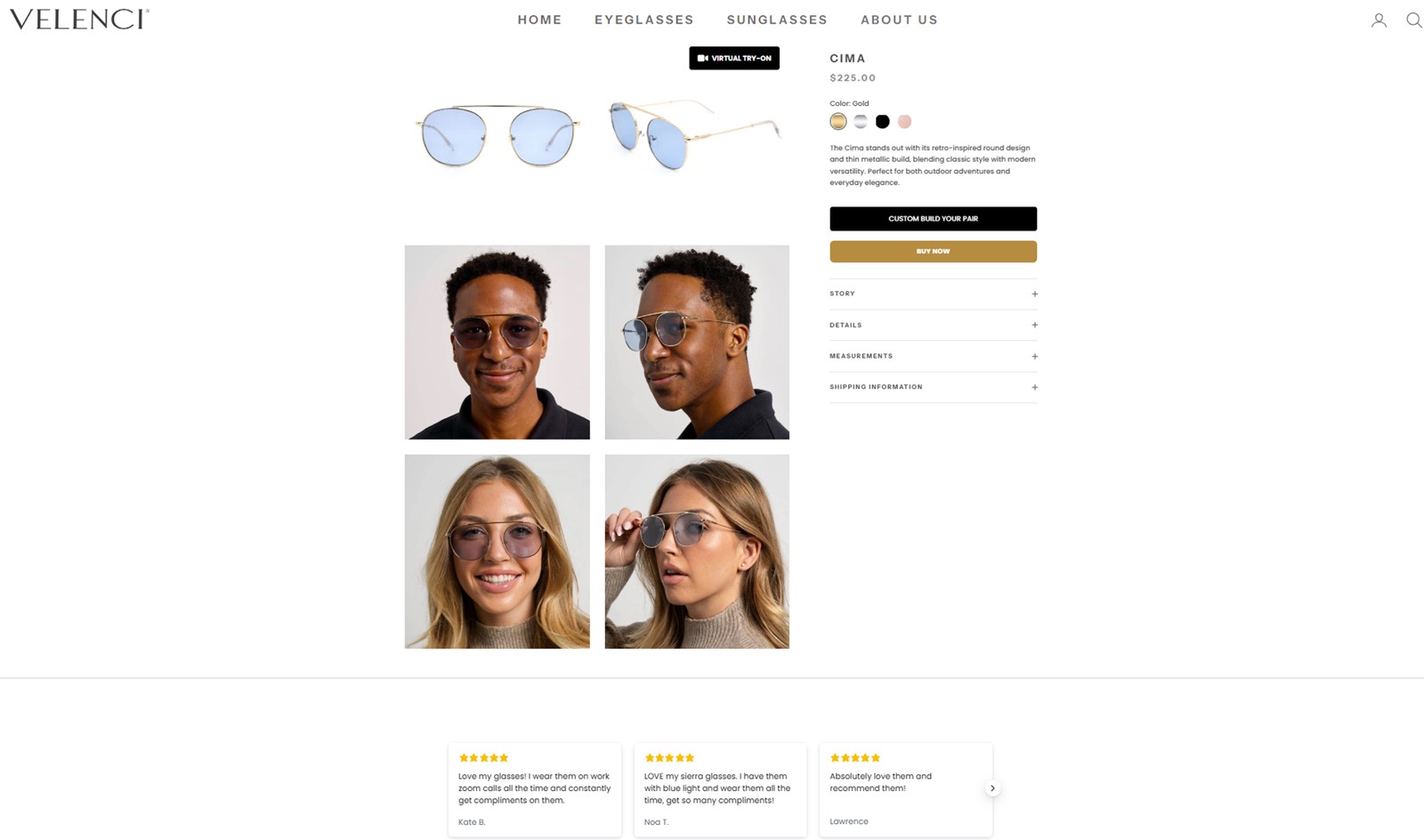 Velenci product detail page with the Cima frame, color swatches, custom build CTA, real customer try-on photos, and reviews