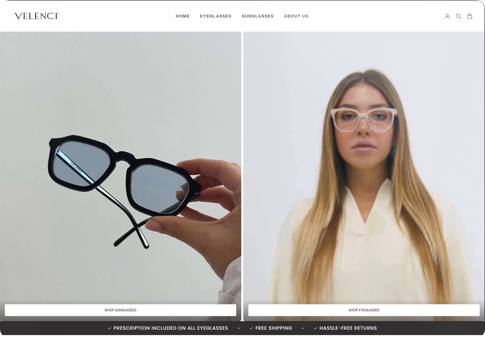 Velenci split shop module showing sunglasses and eyeglasses with the prescription included strip