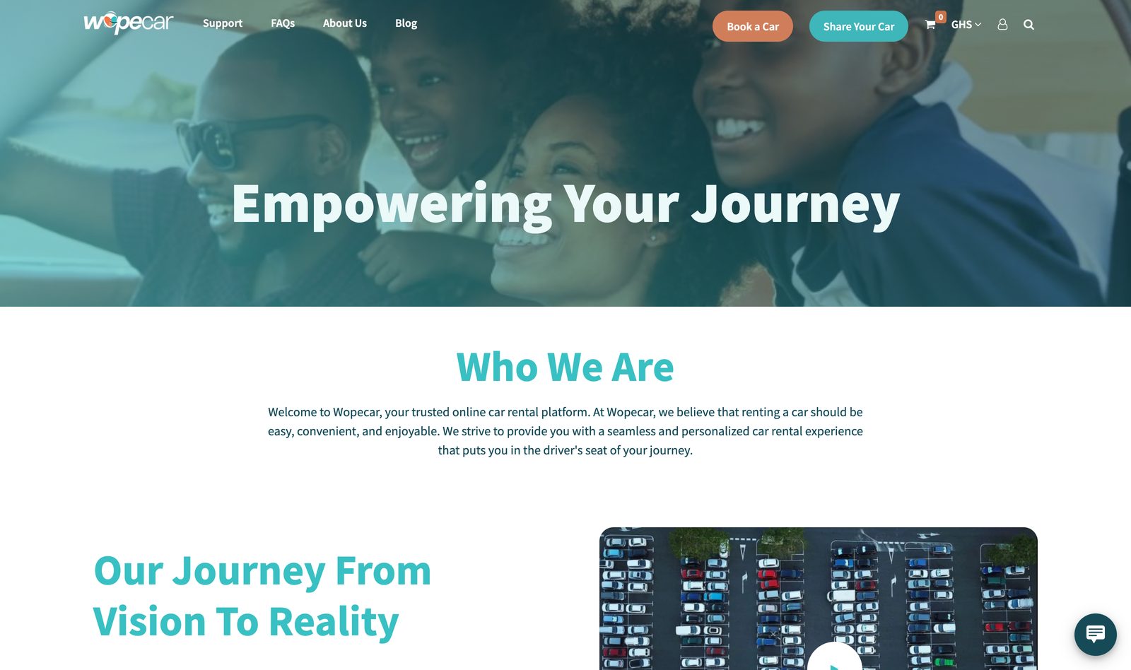 WopeCar about page with an Empowering Your Journey hero, a Who We Are intro, and an Our Journey From Vision To Reality band